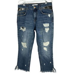Zara Basic Z1975 Denim Distressed Jeans W/ Leopard Trim Womens Size 8 Frayed Hem